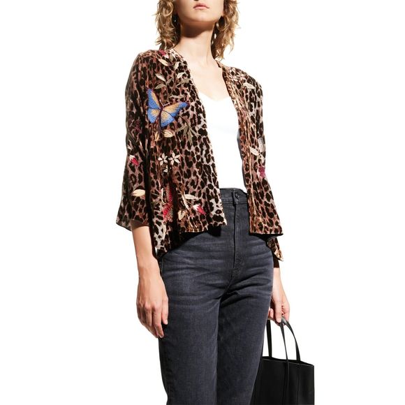 Johnny Was Penelope Velvet Bolero Leopard Embroidery Brown Jacket Shirt XL NEW - Picture 6 of 11